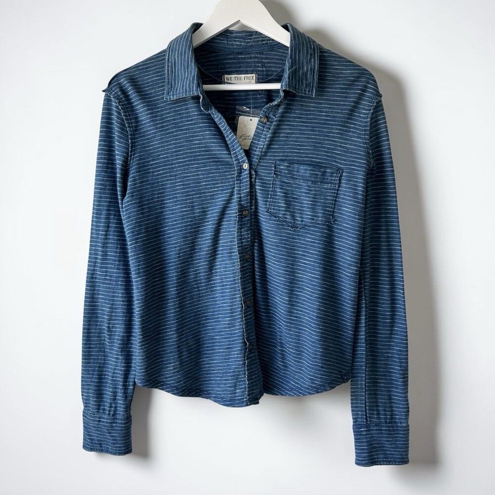 Free People We The Free Blue Long Sleeve Fitted Stripe Jersey Shirt Button Sz S - Picture 3 of 14
